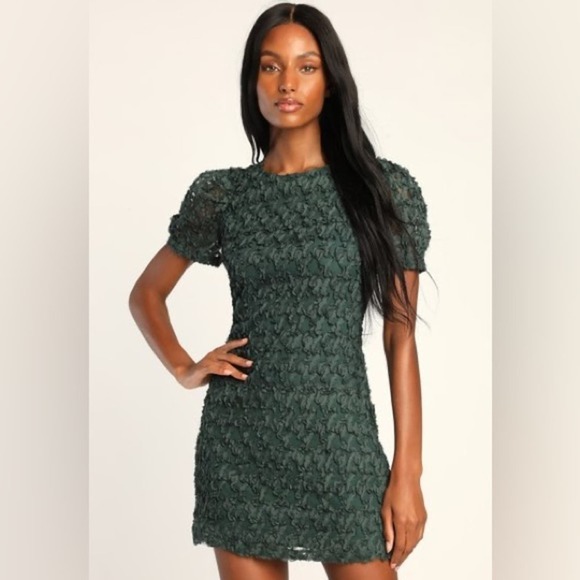 Lulu’s dark green puff short sleeves sheer mesh fabric flirty mini dress size L - Picture 1 of 7